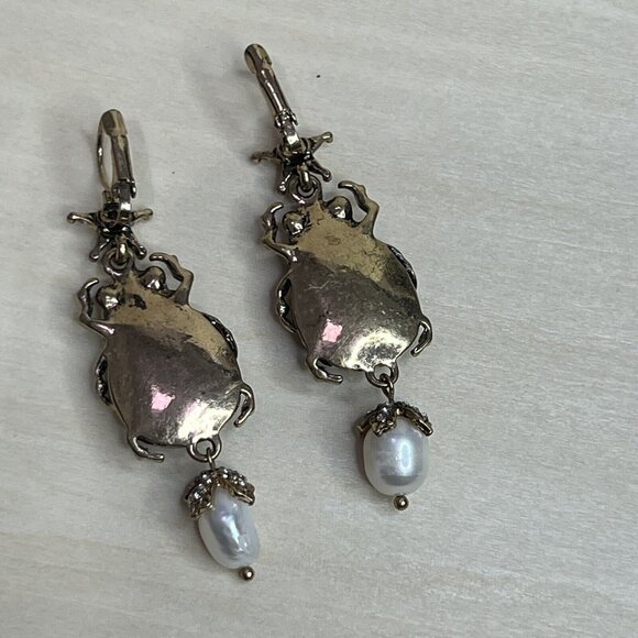 Scarab Beetle Earrings - Abalone Large Statement Jewelry Rhinestone Faux Pearl - Picture 3 of 8